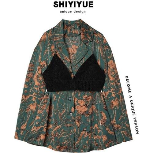 HOUZHOU Top Femme Printed Shirt Harajuku Shirt Green Shirt Chic Women Blouses Vintage Top Long Cardigan Korean Fashion Autumn