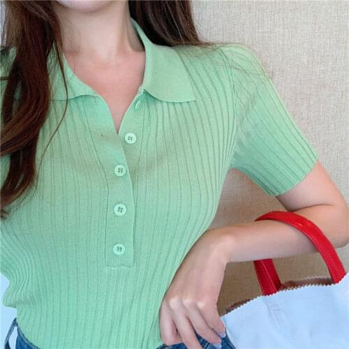 Women Crop Tops Short Sleeve Turn-down Collar Knitted T-Shirts Office Lady Solid Single Brested Skinny Short Tops 2020 Summer