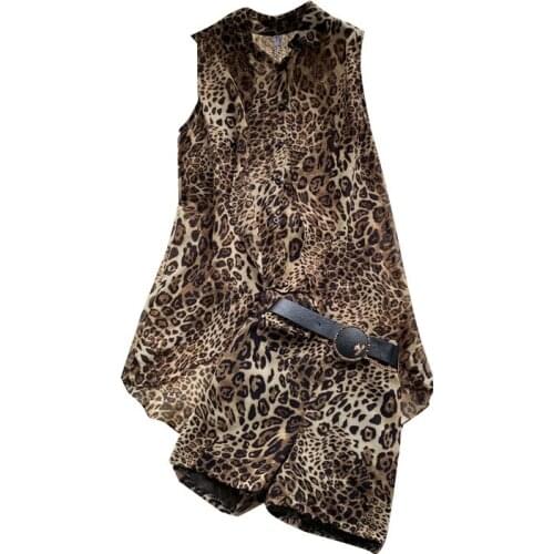 2021 Summer Ladies Leopard Print Two Piece Sleeveless Irregular Shirt + High Waist Shorts Two Piece Set