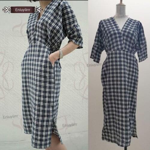 2020 Summer Long Dresses Hot Sales Women Korean Japanese Preppy Style Short Sleeve Vintage Cotton Plaid Shirt Dress E268