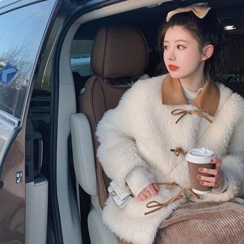 Herstory Jacket Women Faux Fur Coat Coat Womens Autumn And Winter Loose Bow Imitation Fur Cotton-Padded Coat Veste Femme