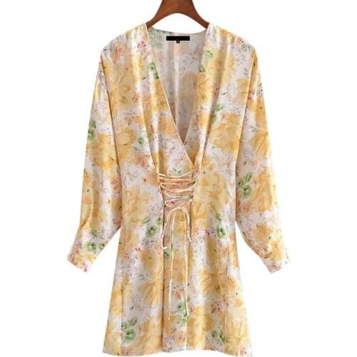 2021 Women Chic Fashion Lace-up Detail Floral Print Mini Dress Vintage V Neck Long Sleeve Female Dresses Vestidos Mujer