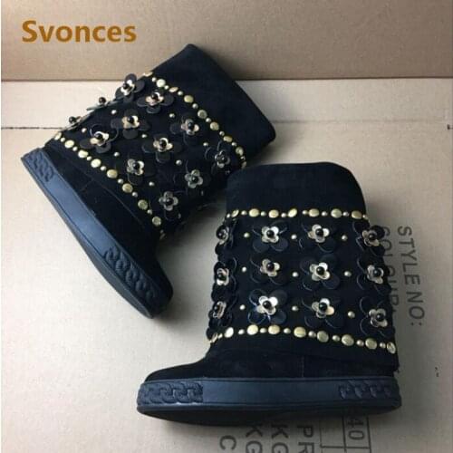 Winter Fashion Height Increasing Wedge Shoes Luxury Platform High Heels Lady Boots Black Suede Leather Flower Women Casual Shoes