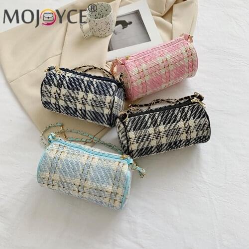 Winter Women Woolen Cloth Messenger Bags Cylindrical Design Plaid Printing Shoulder Bags Small Chain Crossbody Bags