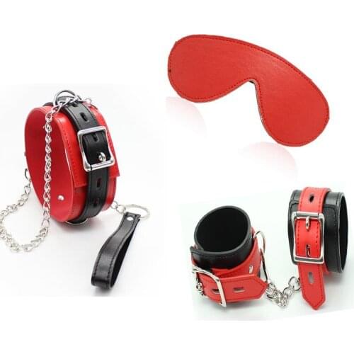 Quality PU Leather Submissive Bondage Kit 4pcs Set Fetish Slave Trainer Wrist Cuffs Blindfold Neck Collar with Leash