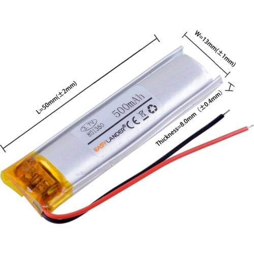 801350 3.7V 500mAh Rechargeable li-Polymer Li-ion Battery For GPS DVR mp3 mp4 mp5 dvd bluetooth SMART WATCH 751350 801219 081350