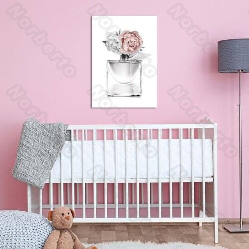 European Style Canvas Painting Wall Poster White and Pink Roses In The Perfume Bottle for Living Room Bedroom Wall Decoration