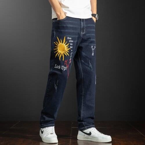 Mens Slim Jeans Personalized Embroidered Leisure Denim Pants Men Clothing Elasticity Jean Plus Size 42 Dark Blue Trousers