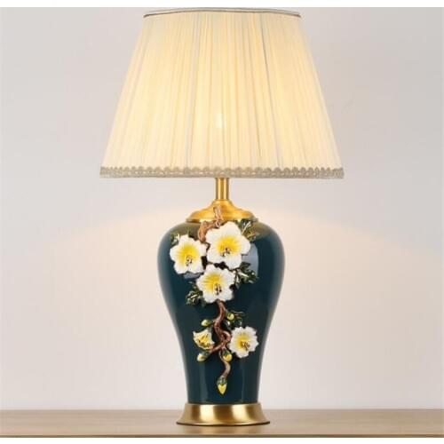 Europe Elegant Flowers Ceramic Table Lamp for Foyer Bed Room Study Decor Porcelain Fabric Desk Light 1927