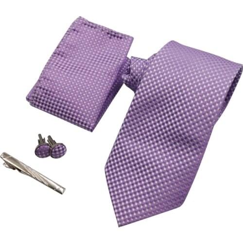 Ikepeibao Custom Brand Men Ties Purple Checked Blue Dots Necktie Sets Cufflinks Hankies with Gift Box Packing