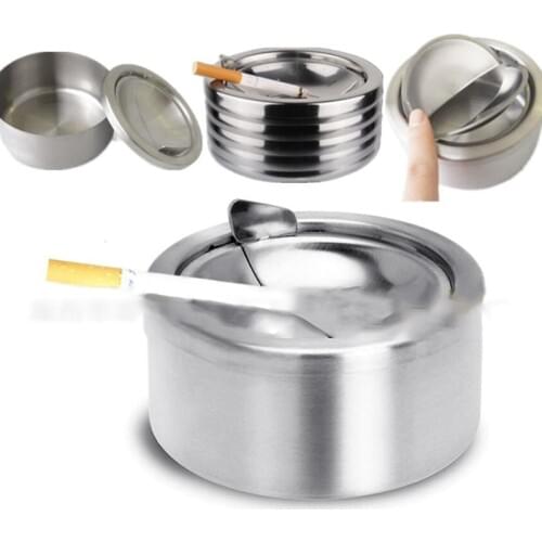 Round Stainless Steel With Cover Windproof Ashtray Hotel Internet Cafe Indoor And Outdoor Smoking Ashtray
