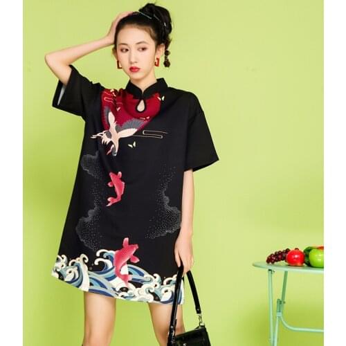Summer New National Style Retro Modified Loose Dark Girl Short Sleeve Cheongsam Dress Short Small