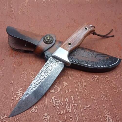 EDC VG10 Damascus Steel Fixed Blade Knife Tactical Utility Knife Outdoor Straight Hunting Camping Knives EDC Tools with Scabbard