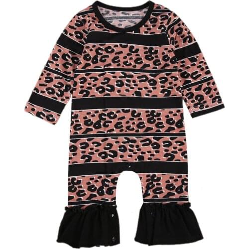 Toddler Baby Girls Autumn Casual Romper Clothes Leopard Print Striped O-Neck Long-Sleeves Jumpsuit with Bell-Bottoms 0-24M