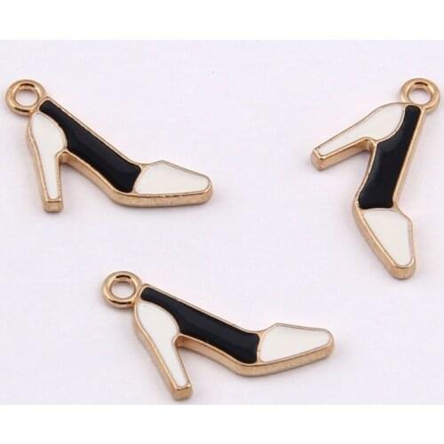 Wholesale 100pcs 20*7MM Fashion Women High Heel Shoes Shape Jewelry DIY Charms Gold Tone Plated Oil Drop Black&White Pendants