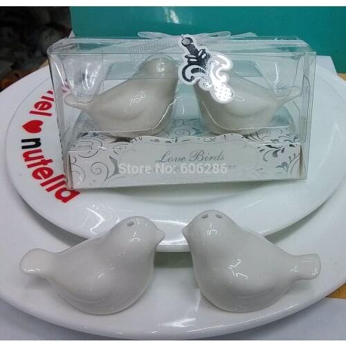 Wholesale 200pcs(100sets)/lot True Love Conquers All Ceramic Cruet set Love Birds Salt and Pepper Shakers Wedding giveaways