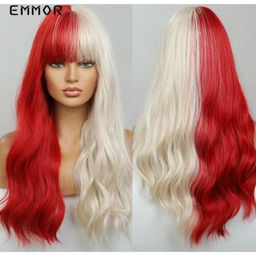 Emmor Cosplay Wigs One Half Red One Half Light Blonde Party Hair Wig Natural Heat Resistant Fiber Lolita Wigs Halloween Wig
