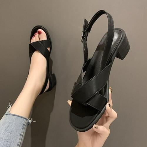 One Word Buckle Roman Sandals Summer New Simple And Versatile Solid Color Ladies Mid-Heel Sandals