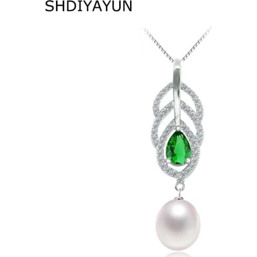 SHDIYAYUN Pearl Jewelry Freshwater Pearls Feather Green Zircon Pendants 925 Sterling Silver Jewelry Diamond Necklaces Women
