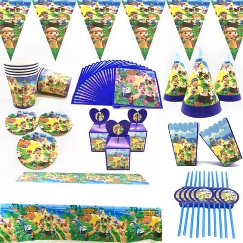 Animal Crossing Party Supplies Tablecloth Baby Shower Party Decor Flag Doubutsu_No_Mori Game Theme Kids Birthday Party Hat Cups