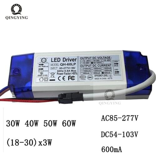 1pcs 10pcs 40W 50W 60W 600mA LED Driver Constant Current 18-30x3W DC54-105V Lighting Transformers For Floodlight Power Supply