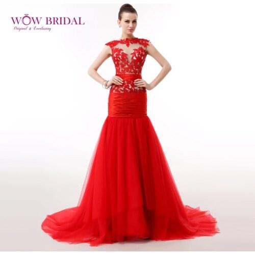 Wowbridal Elegant Red Wedding Dress 2021 O-Neck Appliqued Sheer Zipper Open Back Crystal Sequins Beaded Chiffon Mermaid Dress