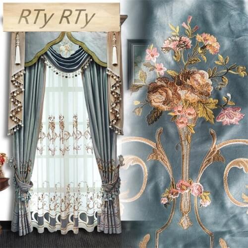 Green luxury villa high quality velvet embroidered curtains for living room Voile Curtain for Bedroom Window Treatment Drapes