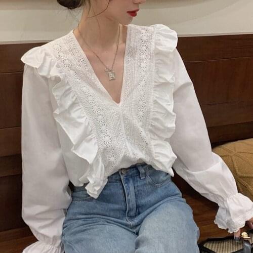 Herstory V-neck Women Blouses Shirt Autumn Casual Lace Hollow Out Flared Long Sleeve White French Tops Femme Clothing Блузки