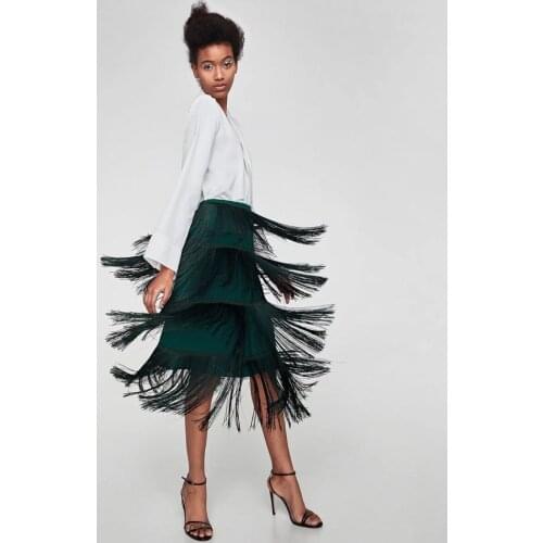 Corzzet Vintage Green Fashion Layered Tassel High Waist Side Zipper Skirt Gothic Streetwear Party Midi Skirts Women Clothes 2018