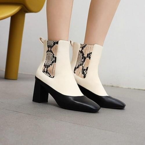 2020 New Autumn Winter Snake print Mixed Colors Retro Square Toe Ankle Boots Square Heel All Match Women Shoes Oversize 33-49