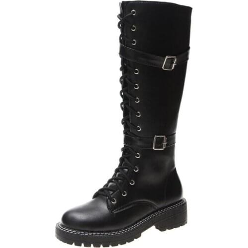 2021 sexy knee-high boots lace-up fashion women boots Low heel shallow round head winter boots side zipper leather boots size 43