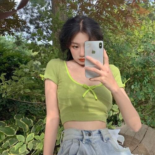 Woman TShirts 2021 Summer Top Womens Bow T-shirt Short Sleeve Knitted Crop Top Mujer Camisetas