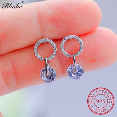 Real s925 Sterling Silver Earrings Round White Crystal Stone Stud Earrings For Women Zircon Double Earrings Wedding Fine Jewelry