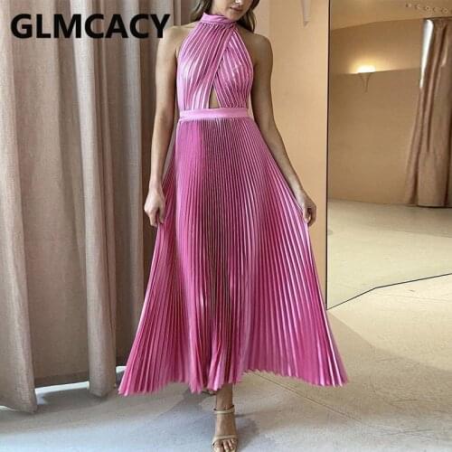 Women Sleeveless Halter Pleated Maxi Dress Elegant Backless Evening Party Formal Dress
