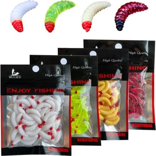 50Pcs/Bag Fishing Lures Plastic Soft Bait Artificial Maggot Grub Soft Fishing Lure Hooks Smell Worms Glow Shrimps Fish Lures