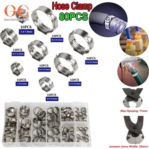 80PCS 304 Stainless Steel Ear Stepless Clamp Assortment Diameter 5.8-23.5mm hose clamp woodworking tools
