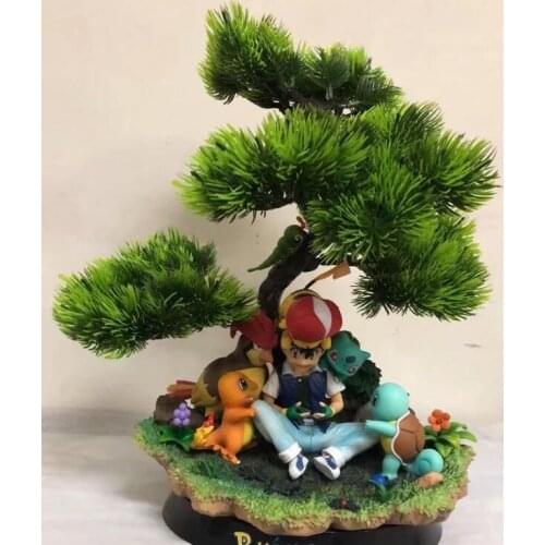 Anime Ash Ketchum with Pikachu Charmander Bulbasaur Squirtle under Tree Figure Model Toys