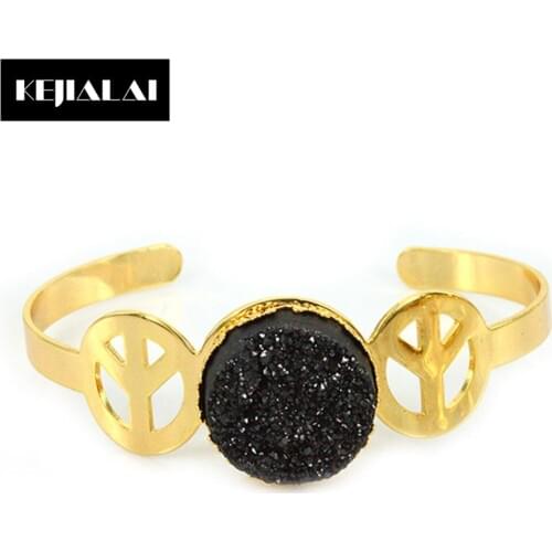 Shiny Bangle with Natural Druzy Stone Tree Shape Cuff Bracelet Colorful Quartz Fashion Women Jewelry Birthday Gift