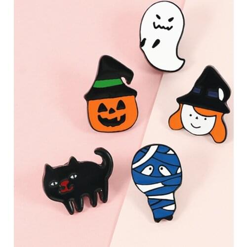 Halloween Enamel Pin Pumpkin Mummy Ghost Black Cat Brooches Hat Girl Cartoon Punk Fun Badge Jewelry Gift Friends Men Women Kids