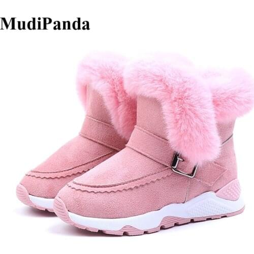 MudiPanda Hot Children Boots Shoes 2021 New Winter Plush Warm Martin Boys Shoes Fashion Leather Soft Fleece Antislip Girls Boots