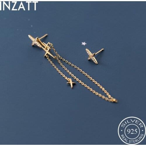 INZATT Real 925 Sterling Silver Zircon Cross Tassel Stud Earrings For Fashion Women Hiphop Fine Jewelry Asymmetry Accessories