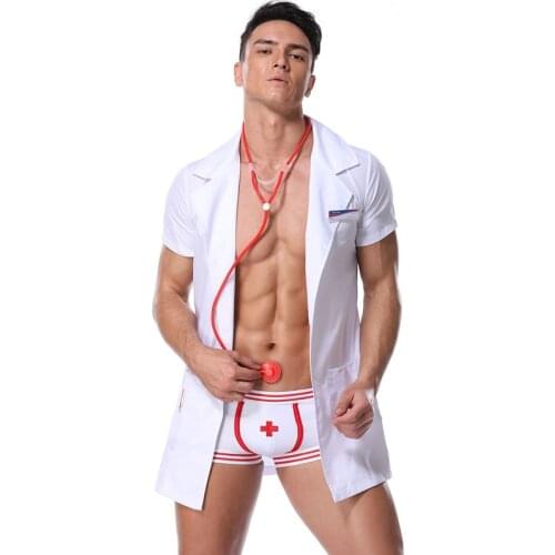 2 Piece Set White Sexy Lingerie For Men Hot Erotic Doctor Cosplay Uniform Costume Outfit Party Carnival Game Adult Male Clothing