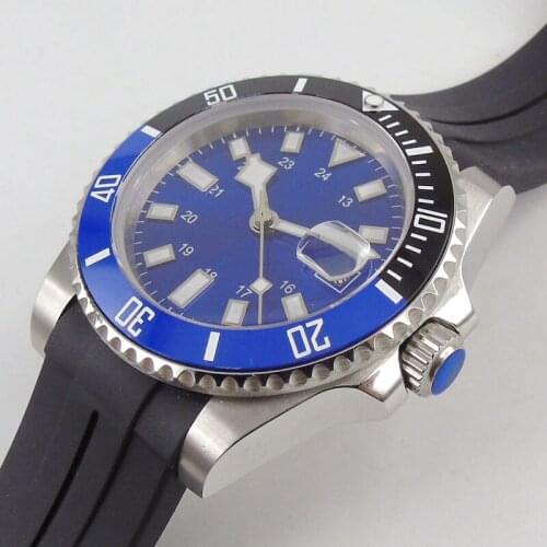 Fashion Luxury Blue Sterile Mens Watch Sapphire Glass 40mm Wristwatch Auto Date Automatic Movement Black Blue Bezel
