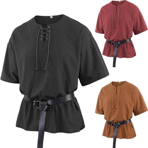 Renaissance Viking Pirate Medieval Cosplay Halloween Costume Men Male Lace Up Vintage Shirt Short Sleeve Blouse Top No Belt