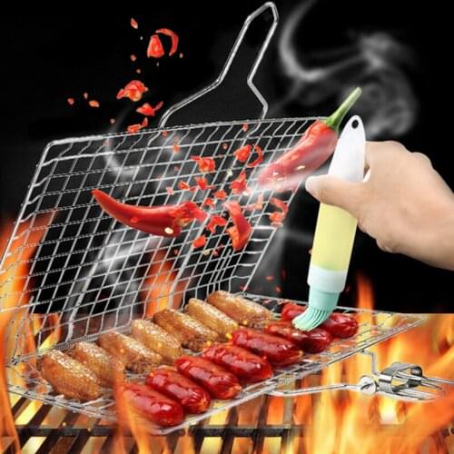Stainless Steel BBQ Grill Net Kit Kitchen Folding Square Grilling Mesh Rack with Bag+barbecue Mat +Sauce Brush Travel Portable