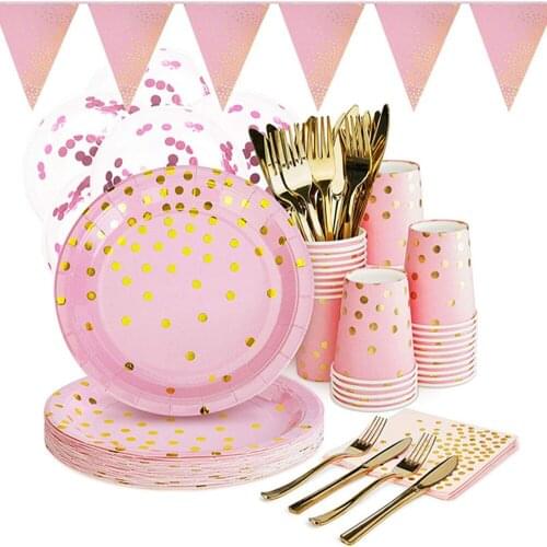 168-piece disposable tableware set, pink party tableware supplies, used for wedding party graduation anniversary celebration