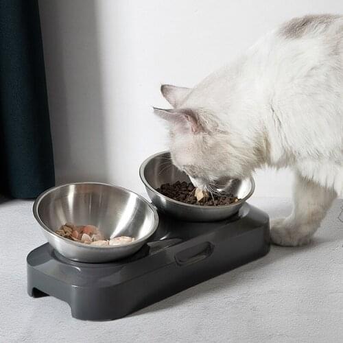 Non-Slip Stainless Steel Pet Dog Cat Double Bowls Adjustable Anti-Slip Food Water Feeder Bowl For Pet Feeding Supplies Cat Bowls