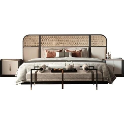New Chinese solid wood double bed bedroom modern Chinese checkered bed screen design leather art big bed