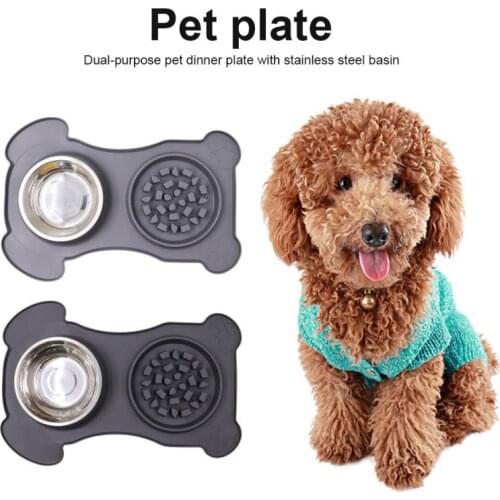 New Pet Dog Bowl Silicone Integrated Pet Plate With Stainless Steel Basin Mat Feeding & Watering Supplies Small Animals