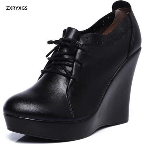 2020 New Autumn Winter Lace-up Top Cowhide Black Leather Shoes Ultra-high Wedge Heel Shoe Womens Shoes Elegant Warm High Heels